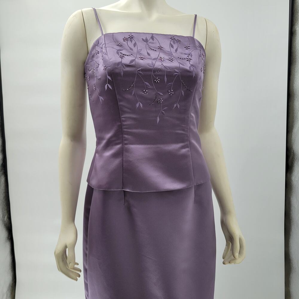 Bill Levkoff Lavender Satin Midi Dress with Embroidered Bodice